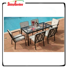 7pcs muebles de comedor, juego de cena de cristal, vidrio y mesa de comedor de metal y juego de silla